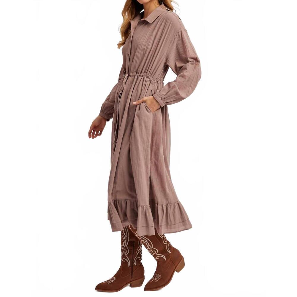 NEW BLUIVY ruffled midi open duster shirt dress in mauve - Picture 4 of 7